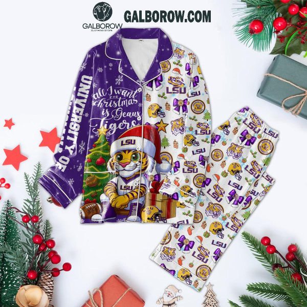 LSU Tigers All I Want For Christmas Is Geaux Tigers Purple Polyester Pajamas Set