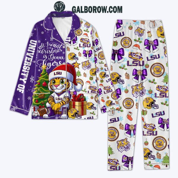 LSU Tigers All I Want For Christmas Is Geaux Tigers Purple Polyester Pajamas Set