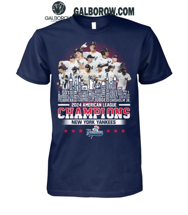 New York Yankees 2024 NY Skyline Celebrating American League Champs T-Shirt