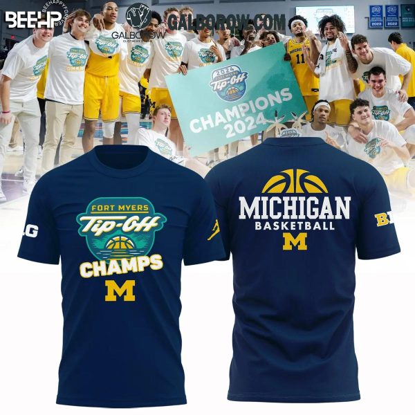 Michigan Wolverines Fort Myers Tip-Off Champions 2024 Hoodie T-Shirt Navy Ver