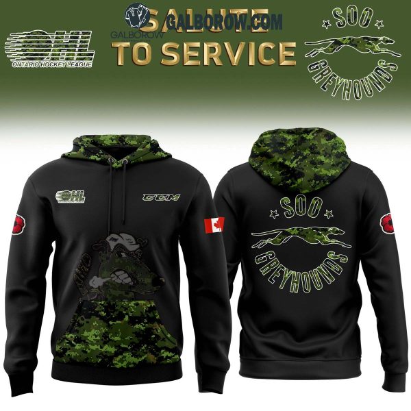 Sault Ste. Marie Greyhounds Camo Salute to Service Club Hoodie T-Shirt