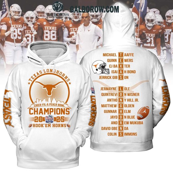 Chick Fil A Peach Bowl Champions 2025 Texas Longhorns White Hoodie T Shirt