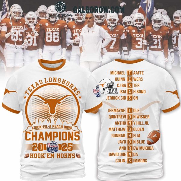 Chick Fil A Peach Bowl Champions 2025 Texas Longhorns White Hoodie T Shirt